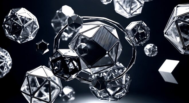 Abstract Geometric Shapes Floating Against a Dark, Reflective Ba