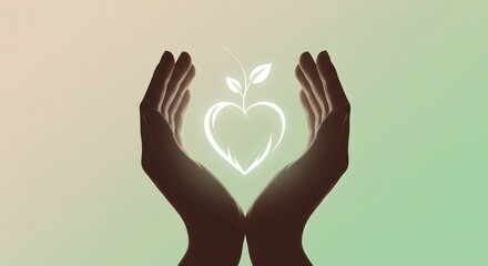 Obraz premium Cupped hands embracing a glowing white heart graphic with a sprouting plant, symbolizing health, love, nature conservation, and wellness on a green gradient background.