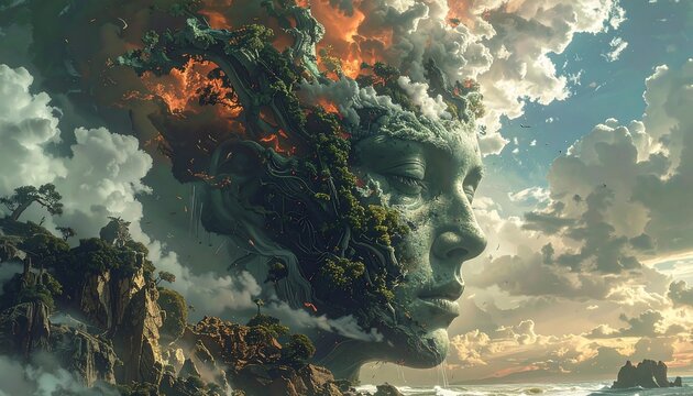 Surreal digital art depicts a colossal stone face with land and fiery clouds emerging from its head, blending nature & form