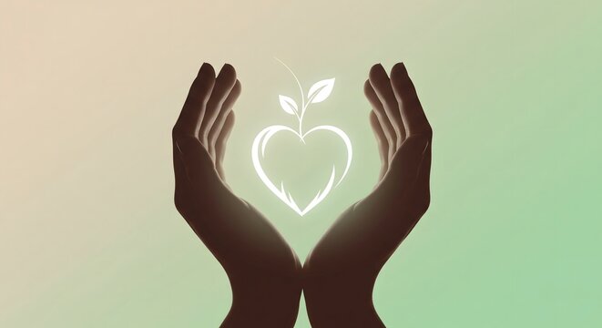 Cupped hands embracing a glowing white heart graphic with a sprouting plant, symbolizing health, love, nature conservation, and wellness on a green gradient background.