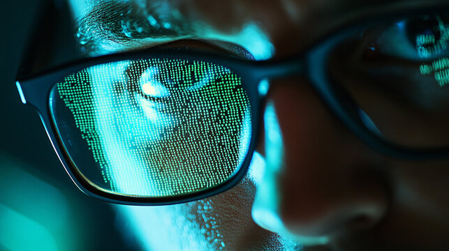 Hacker with glasses reflected with binary code for cybersecurity and digital innovation
