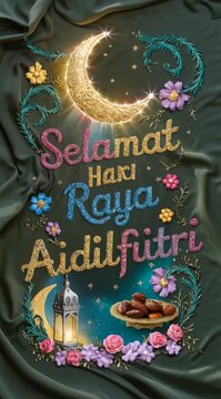Festive selamat hari raya aidilfitri animation, adorned with crescent moon, floral elements and