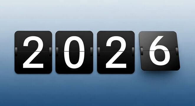 Flip clock showing 2026 year on blue background for new year
