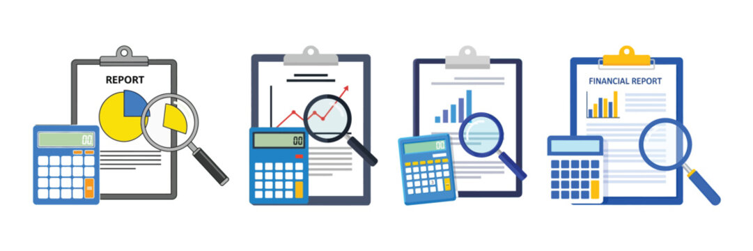 Financial analysis and accounting concept showing a calculator, magnifying glass, and clipboard with charts and graphs isolated on - Powered by Adobe