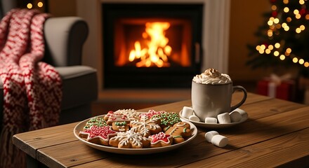 Christmas cookies and hot beverage on table near cozy fireplace setting