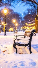 A snow-covered park bench under warm streetlights, with falling snow creating a magical winter scene. The trees are covered in white