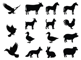 A variety of farm animal silhouettes including cow, horse, goat, sheep, rabbit, duck, and birds.