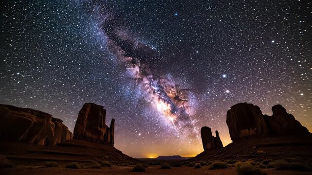 Cosmic milky streaks traverse the desert landscape, featuring rugged rocks and scrubby grass, as this stunning timelapse visual captures the essence of embarking on a journey.
