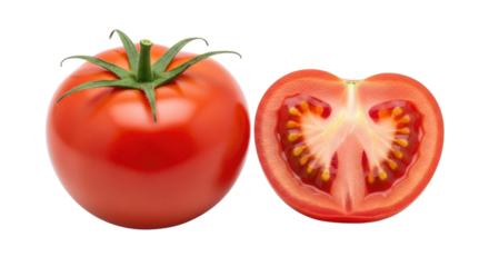 Fresh tomato and half tomato transparent background cutout png