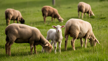 Fototapeta premium Adorable baby lamb stands among grazing sheep on a lush green meadow