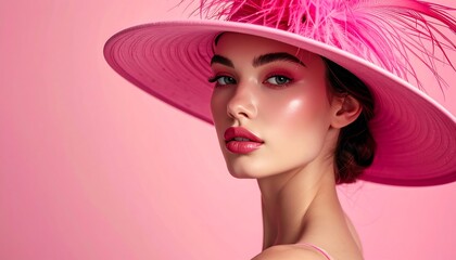 A stunning portrait of a woman in a pink hat adorned with feathers and matching makeup, against a soft pink backdrop