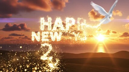 A white dove flies across screen leaving a glowing trail that forms the HAPPY NEW YEAR 2026 text in light particles,