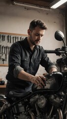 Young Male Mechanic Working on a Motorcycle in a Rustic Workshop.