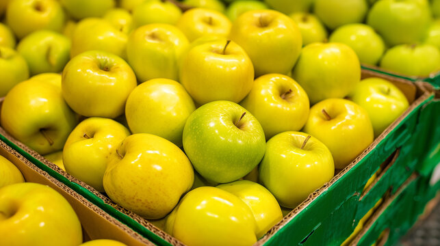 Fresh golden apples stacked in boxes at a local market