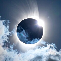 A stunning shot capturing a total solar eclipse. The dark moon is framed by the sun's corona, piercing through textured clouds