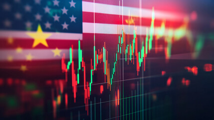 Analyzing stock market trends with charts and data against an American flag backdrop