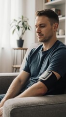 Young man checking his blood pressure at home with a digital monitor.