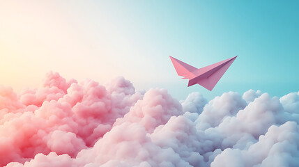 Paper Airplane Flying Through Pastel Clouds Creating A Free Dreamy Soft Concept Illustration
