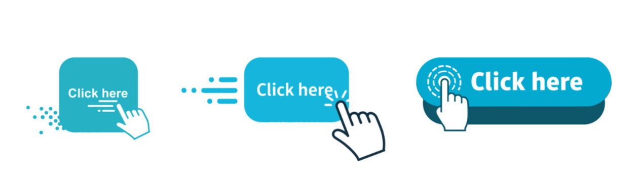Set of click here button with hand pointer isolated on call to action button for website, banner, poster, flyer, and social media vector illustration