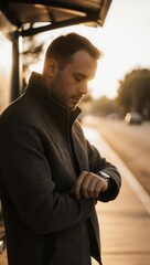 Young Man Checking Time on Smartwatch at Bus Stop During Golden Hour.