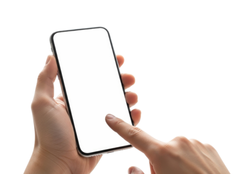 Hand holding a smartphone with a blank screen transparent background cutout png