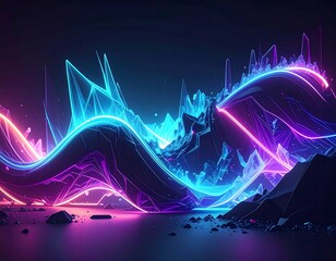A vibrant, neon-lit landscape featuring jagged mountains and flowing lines, bathed in cool blues and hot pinks, creating a surreal scene