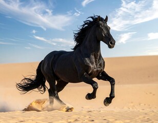 A majestic black equine charges across sun-drenched sand dunes. The sky above is a canvas of soft blue and wispy clouds