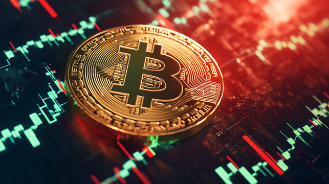 Golden Bitcoin with rising and falling chart, representing crypto market volatility