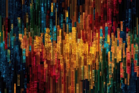 Vibrant abstract digital code pattern depicting colorful data streams resembling a modern art interpretation of technology