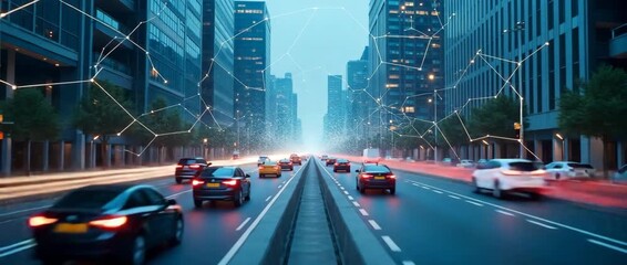 Dynamic city traffic flows through a futuristic street as digital lines pulse overhead; the camera tracks smoothly alongside, capturing the cinematic essence of urban innovation. - Powered by Adobe
