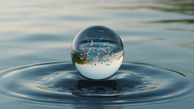 Crystal sphere holding colorful particles floats on rippling water surface