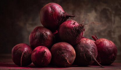 Freshly harvested beets arranged on a dark surface with green leaves