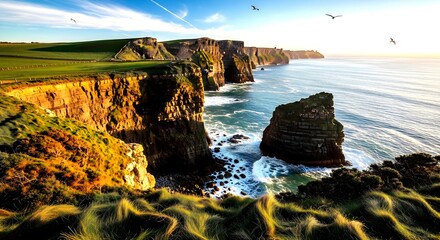 Cliffs of Moher, Ireland, bathed in golden sunlight with soaring