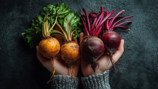 Freshly harvested beetroots held in hands against a dark background