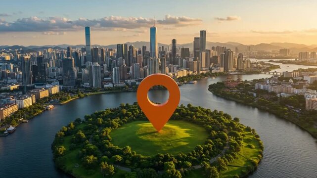 Urban landscape with a large orange map marker on a park island