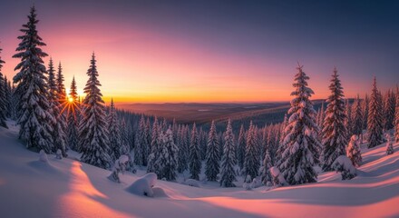 Majestic winter sunset over snowcovered pine forest, casting warm golden and pink hues across the serene landscape