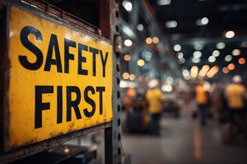 Safety first sign emphasized in busy industrial warehouse during work hours promoting workplace safety culture