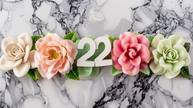 Floral arrangement with number 22 on marble surface decorative design