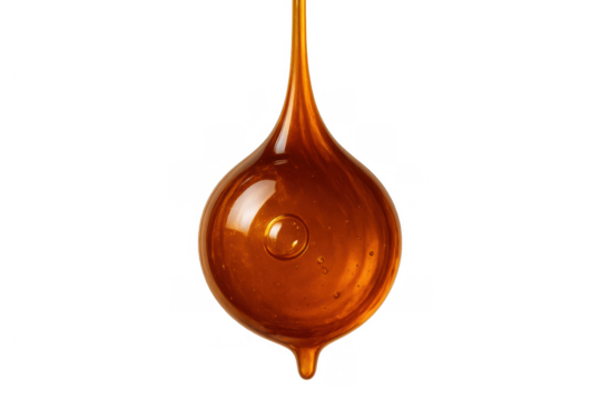 Golden viscous honey forming a delicate drop, pouring slowly with a transparent background
