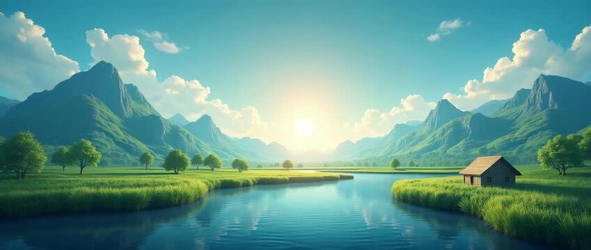 Serene sunrise over tranquil lake with gentle water ripples, slow camera pan reveals majestic mountains; cinematic landscape with vibrant colors and peaceful ambiance.