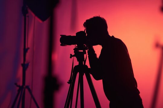 Silhouette captures of a photographer using a camera while framed by colorful lights during a creative studio session