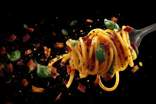 Swirling fork of spaghetti with crispy bacon and fresh basil highlights a delicious meal experience in a dark setting