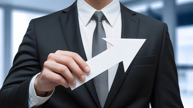 Confident businessman holding white arrow symbol for growth, success, and progress