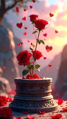 A vibrant, close-up captures red roses blooming from a stone base, surrounded by floating hearts. Soft lighting enhances the romantic scene