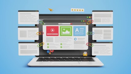 Website Link Building, Content Backlink Strategy, SEO Growth, Improved Rankings, Organic Traffic Boost, Digital Visibility Tactics. Website page with backlink pages on a laptop screen. 3D video - Powered by Adobe