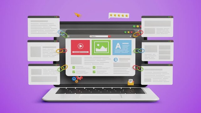 Link Building Strategy, Strong SEO Support, Better Domain Authority, High Search Ranking, Organic Traffic Growth, Quality Link Building. Laptop with web page, other backlink pages attached. 3D Video