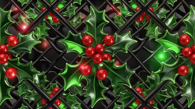 Festive Holly and Berries Christmas Pattern with Black Lattice Background.