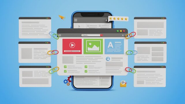 Website Link Building, Content Backlink Strategy, SEO Growth, Improved Rankings, Organic Traffic Boost, Digital Visibility Tactics. Website page with  backlink pages on a smartphone. 3D video