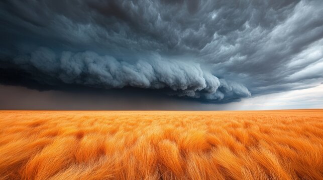 Dramatic clouds loom over a vast field of golden grass, creating a striking contrast between the darkening sky and the warm hues of the landscape, Ideal for themes of nature, weather, and agriculture