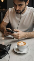 Young man enjoying coffee and music in a cafe, focused on his smartphone.